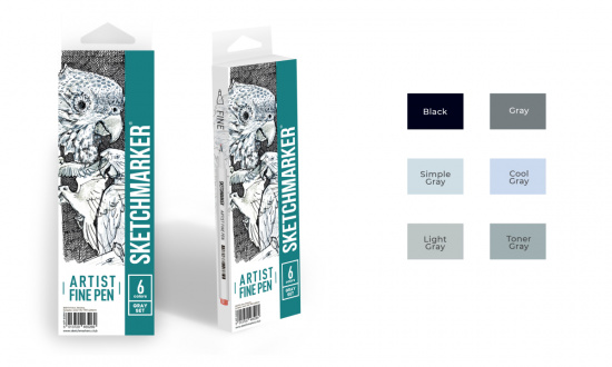 Набор капиллярных ручек Sketchmarker Artist fine pen Grey 6цв Набор капиллярных ручек Sketchmarker Artist fine pen Grey 6цв